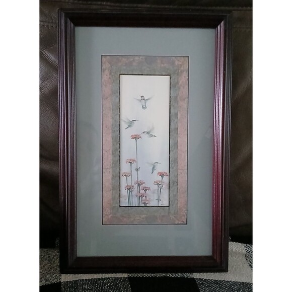 Humming Birds Flying Above Flowers Watercolor Art Print in Wood Frame 14" - Picture 1 of 10